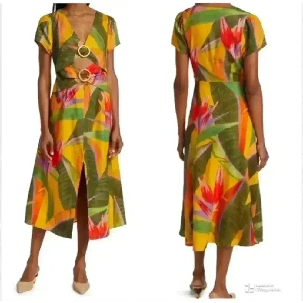 FARM Rio Yellow Tropical Midi Dress with Green and Red Print